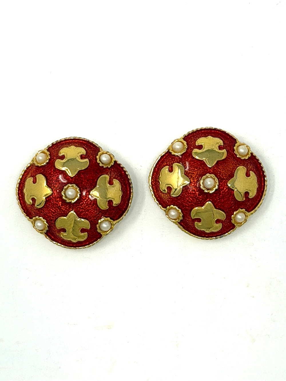 Ginnie Johansen Signed GJD Gold-Tone Red Enamel Faux Pearls Clip Earrings VTG